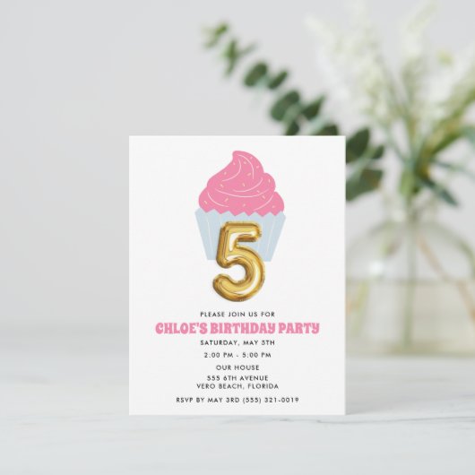 Invitation Fille Cupcake 5e fête d'anniversaire (Debout devant)