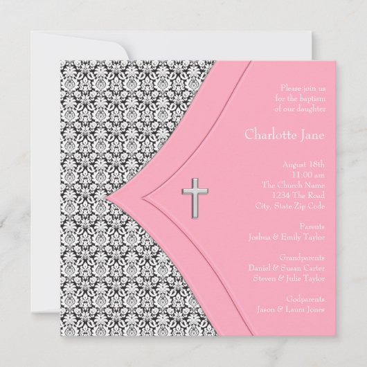 Invitation Fille Damas rose et noire Baptême Christening (Devant)