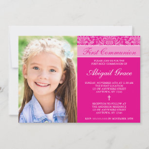 Invitation Fille Damas rose foncé Photo Première communion