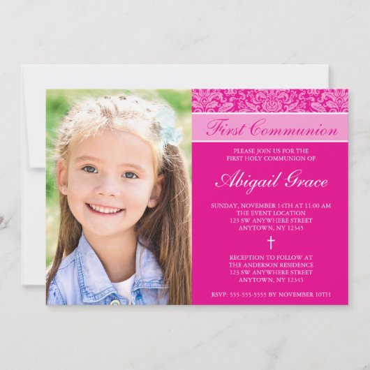 Invitation Fille Damas rose foncé Photo Première communion (Devant)
