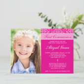 Invitation Fille Damas rose foncé Photo Première communion (Debout devant)