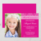 Invitation Fille Damas rose foncé Photo Première communion (Devant / Derrière)