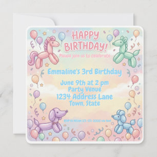 Invitation Fille d'anniversaire avec animaux en ballons paste