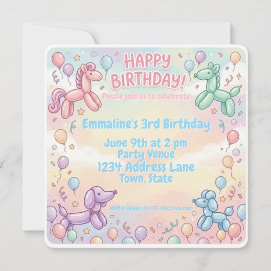 Invitation Fille d'anniversaire avec animaux en ballons paste (Devant)