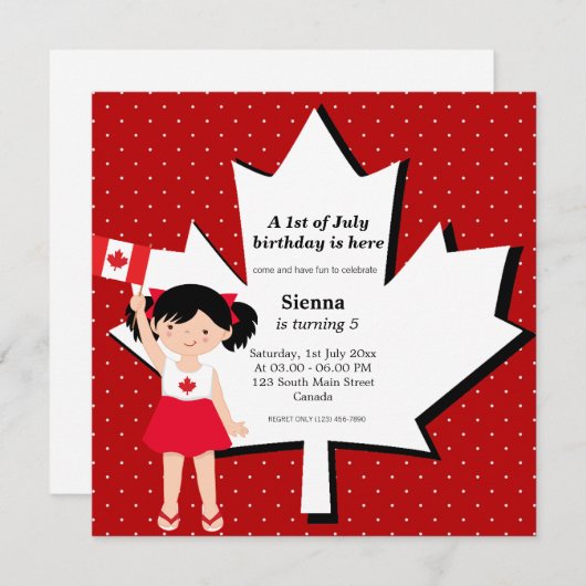 Invitation Fille d'anniversaire canadienne (Devant / Derrière)