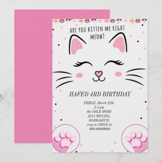 Invitation fille d'anniversaire chat filles chats chaton mign (Devant / Derrière)