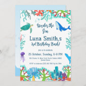 Invitation Fille d'anniversaire Colorful Sea Animaux Thème Fê (Devant / Derrière)