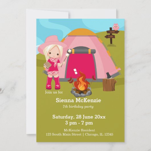 Invitation Fille d'anniversaire de camping (Devant)