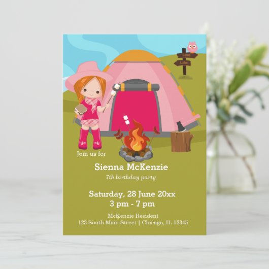Invitation Fille d'anniversaire de camping (Debout devant)