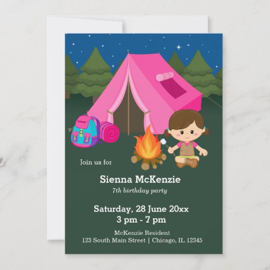 Invitation Fille d'anniversaire de camping (Devant)