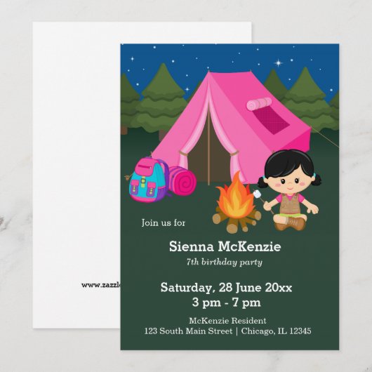 Invitation Fille d'anniversaire de camping (Devant / Derrière)