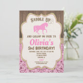 Invitation Fille d'anniversaire de cheval rustique or rose (Debout devant)