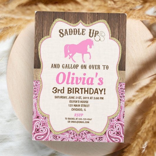 Invitation Fille d'anniversaire de cheval rustique or rose