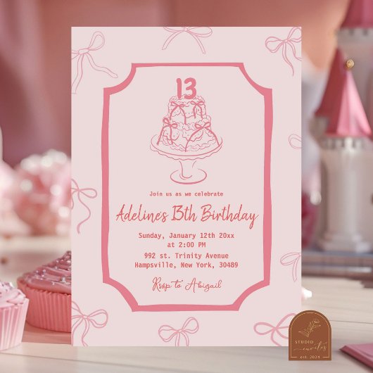 Invitation Fille d'anniversaire de gâteau à arc rose dessiné