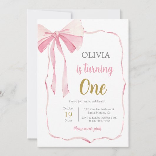 Invitation Fille d'anniversaire de la Bow rose (Devant)