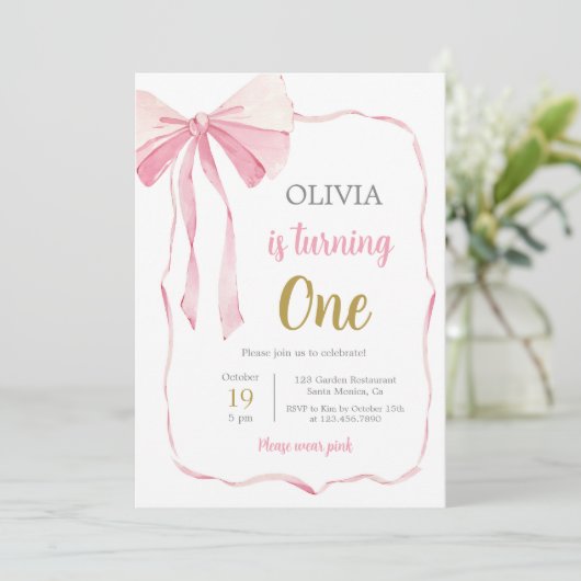 Invitation Fille d'anniversaire de la Bow rose (Debout devant)