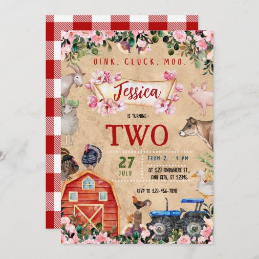 Invitation Fille d'anniversaire de la ferme (Devant / Derrière)