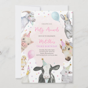 Invitation Fille d'anniversaire de la grange rose Animaux de