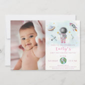 Invitation Fille d'anniversaire de l'espace Astronaut roquett (Devant)