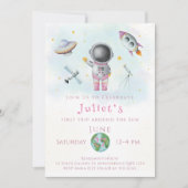 Invitation Fille d'anniversaire de l'espace Un astronaute lan (Devant)