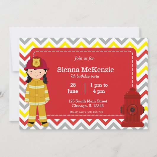 Invitation Fille d'anniversaire de pompier (Devant)