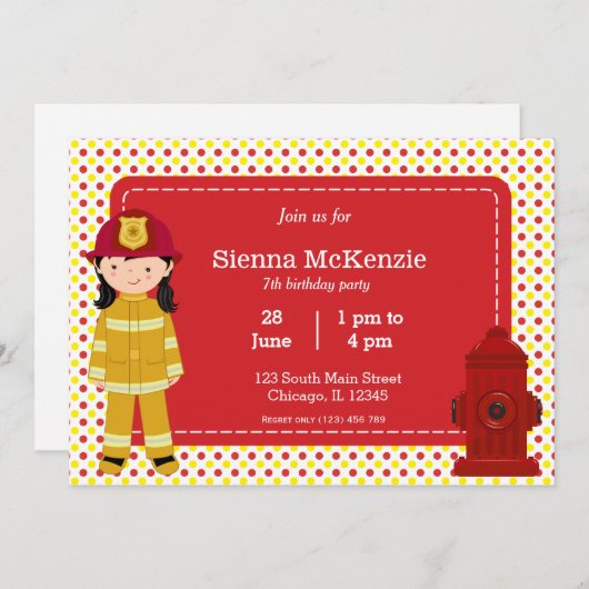 Invitation Fille d'anniversaire de pompier (Devant / Derrière)