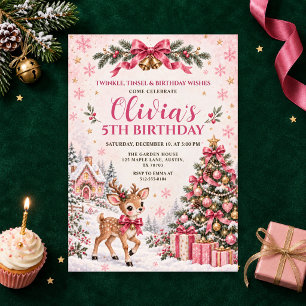 Invitation Fille d'anniversaire de rennes de Noël rose