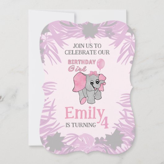 Invitation Fille d'anniversaire Éléphant bébé rose (Devant)