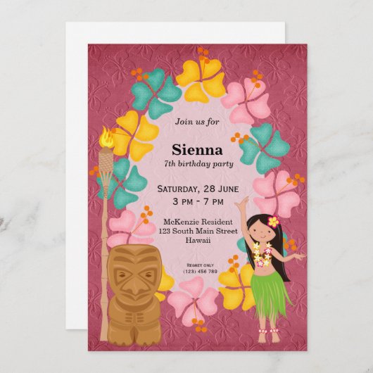 Invitation Fille d'anniversaire Hawaii (Devant / Derrière)