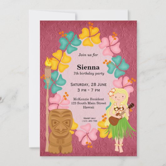Invitation Fille d'anniversaire Hawaii (Devant)