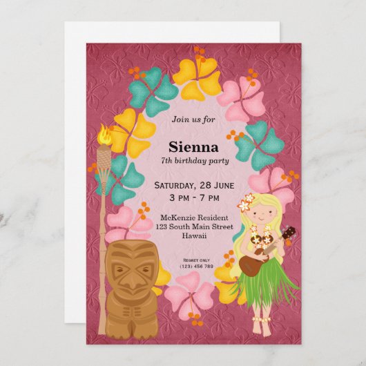 Invitation Fille d'anniversaire Hawaii (Devant / Derrière)