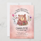 Invitation Fille d'anniversaire mignonne ours et fleurs (Devant)