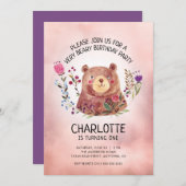 Invitation Fille d'anniversaire mignonne ours et fleurs (Devant / Derrière)