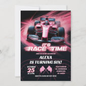 Invitation Fille d'anniversaire voiture de course rose F1 (Devant)