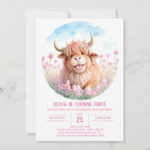 Invitation Fille d'aquarelle de vache Highland personnalisée 