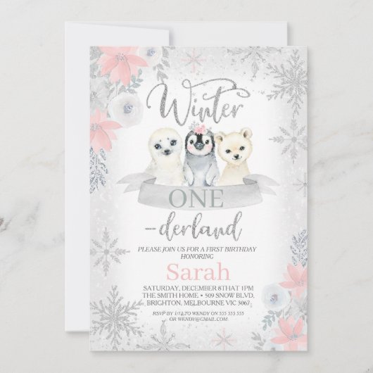 Invitation Fille d'argent Animaux Hiver Onederland Anniversai (Devant)