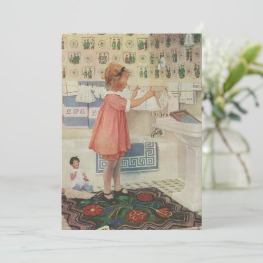 Invitation Fille d'autrefois, enfant faisant la lessive et ét (Debout devant)