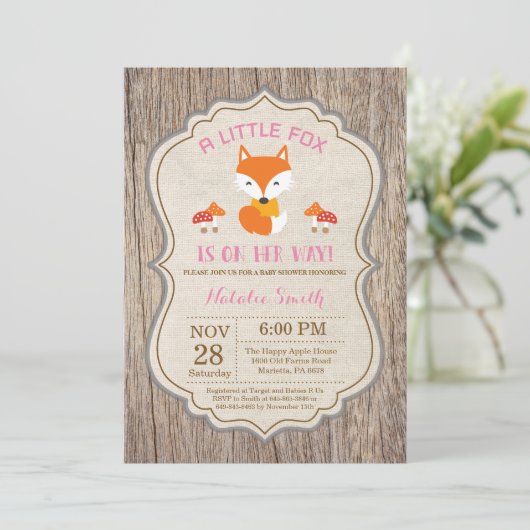 Invitation Fille d'Baby shower Rustic Fox (Debout devant)