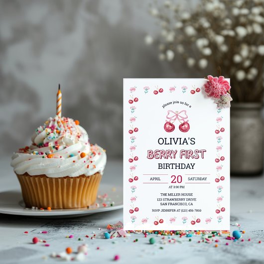 Invitation Fille de 1 an Fête aux Cerises