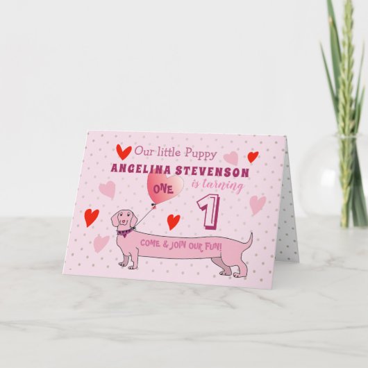 Invitation Fille de 1er anniversaire Chiot Rose (Devant)