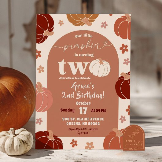 Invitation Fille de 2 ans - Arche de citrouille florale rétro