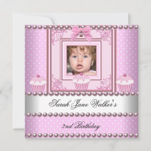 Invitation Fille de 2 ans Cupcakes roses Perle blanche Photo