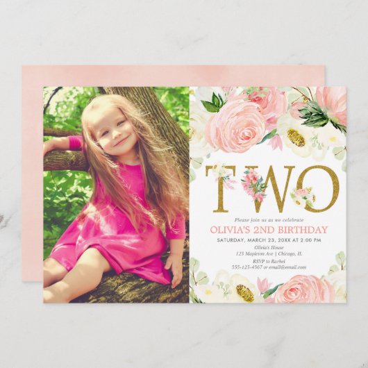 Invitation fille de 2ème anniversaire, blush rose or floral p (Devant / Derrière)