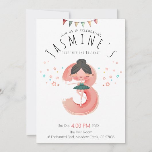 Invitation Fille de 3 ans Ballerine Rose (Devant)