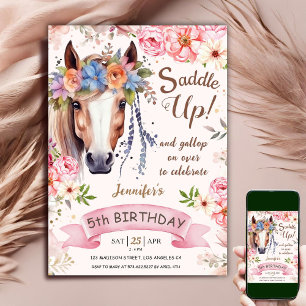Invitation Fille de 5 ans d'anniversaire de cheval Fleurs Boh