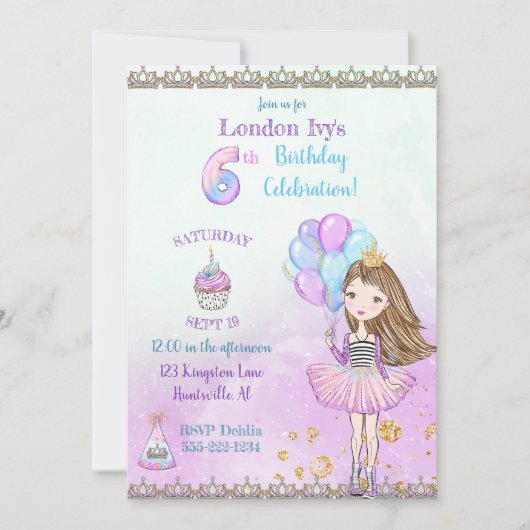 Invitation Fille de 6 ans Cupcake Ballons Princesse (Devant)