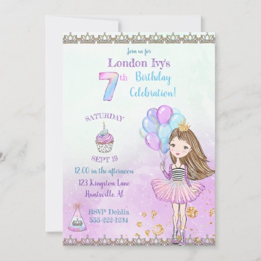 Invitation Fille de 7 ans Cupcake Ballons Princesse (Devant)