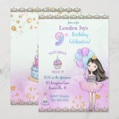Invitation Fille de 9 ans Cupcakes Ballons Princesse (Devant / Derrière)