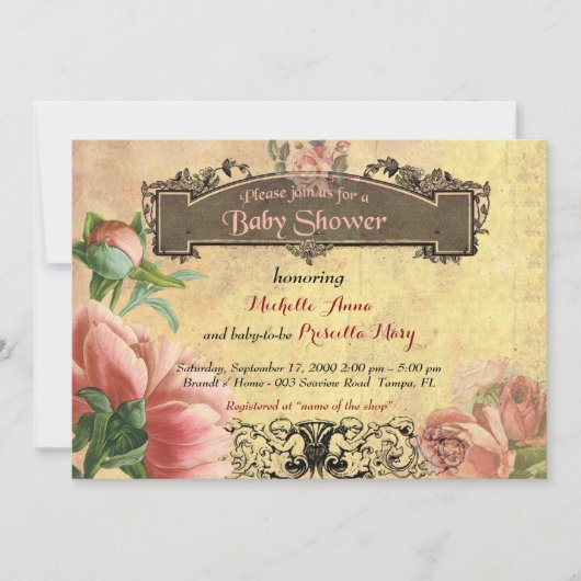 Invitation Fille de baby shower, cru, art déco, vieux papier, (Devant)