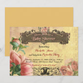 Invitation Fille de baby shower, cru, art déco, vieux papier, (Devant / Derrière)
